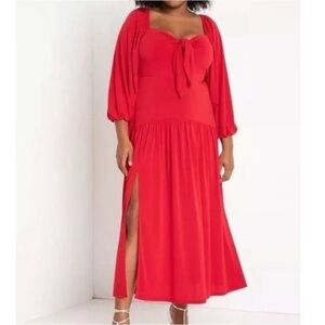 Eloquii Red Jersey Knit Tie Front Balloon Sleeve Maxi Dress Size 22 worn once